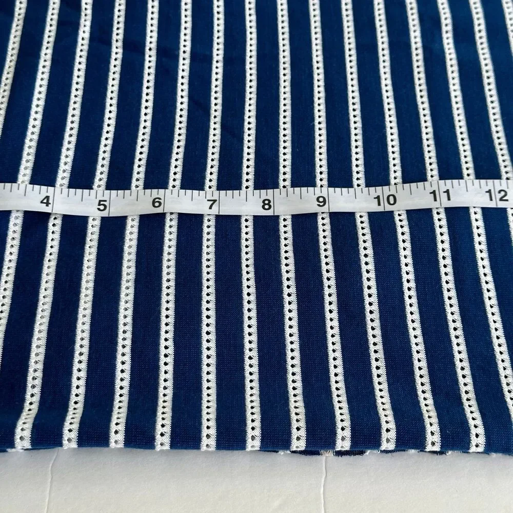 Navy Blue Stripe Knit Fabric Vintage 70s Knit PERFORATED Cotton Blend 53 x 63